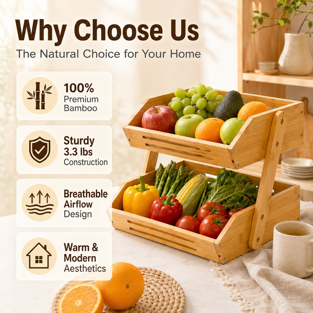 2-Tier Natural Bamboo Fruit Basket