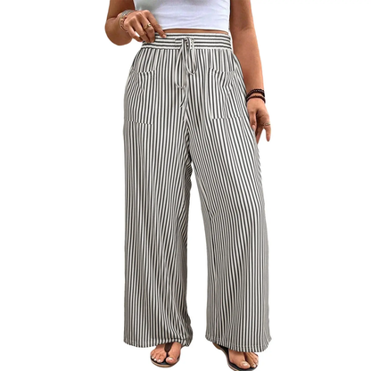 Women’s Plus Size High-Waisted Stretchy Striped Wide-Leg Casual Pants