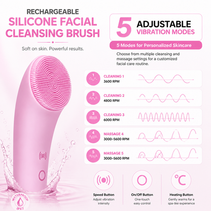 Rechargeable Silicone Facial Cleansing Brush with Heat & Vibration