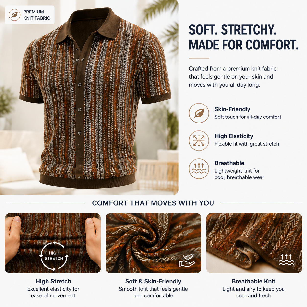 Men’s Vintage Striped Knit Polo Shirt – Retro Button-Front Short Sleeve Top