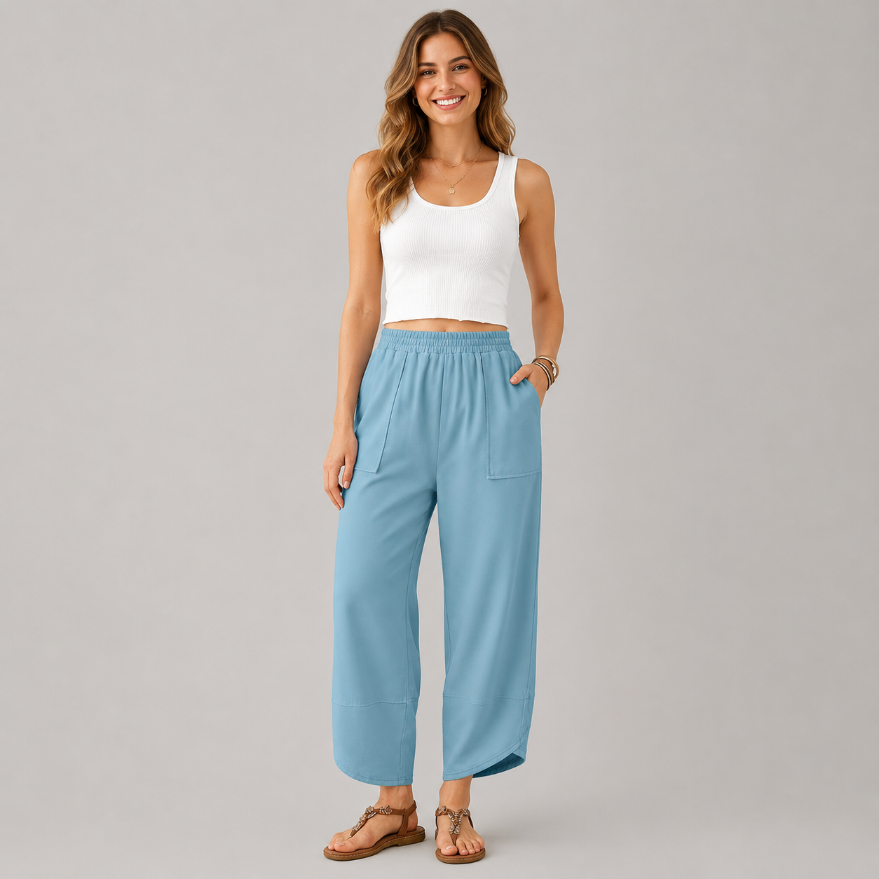 Women’s High-Waist Smocked Harem Pants – Lightweight Relaxed Fit with Pockets