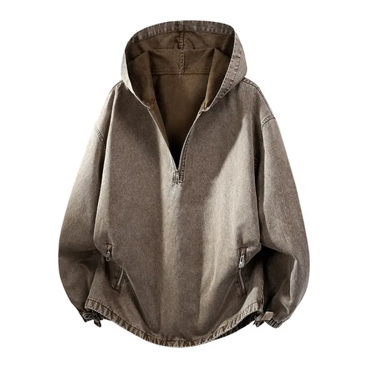 100% Cotton Washed Hooded Sweatshirt - Retro Half-Zip V-Neck Design