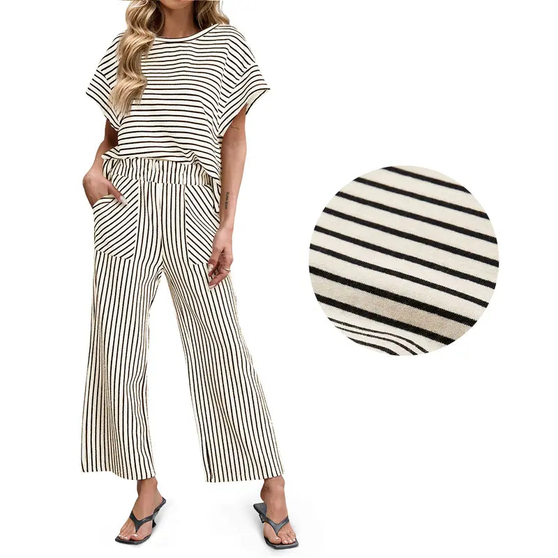Women's Striped Short-Sleeve T-Shirt &amp; Wide-Leg Pants Set