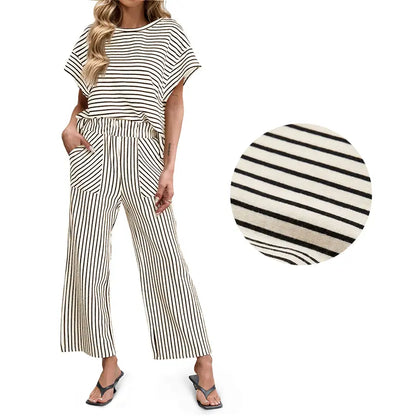 Women's Striped Short-Sleeve T-Shirt &amp; Wide-Leg Pants Set