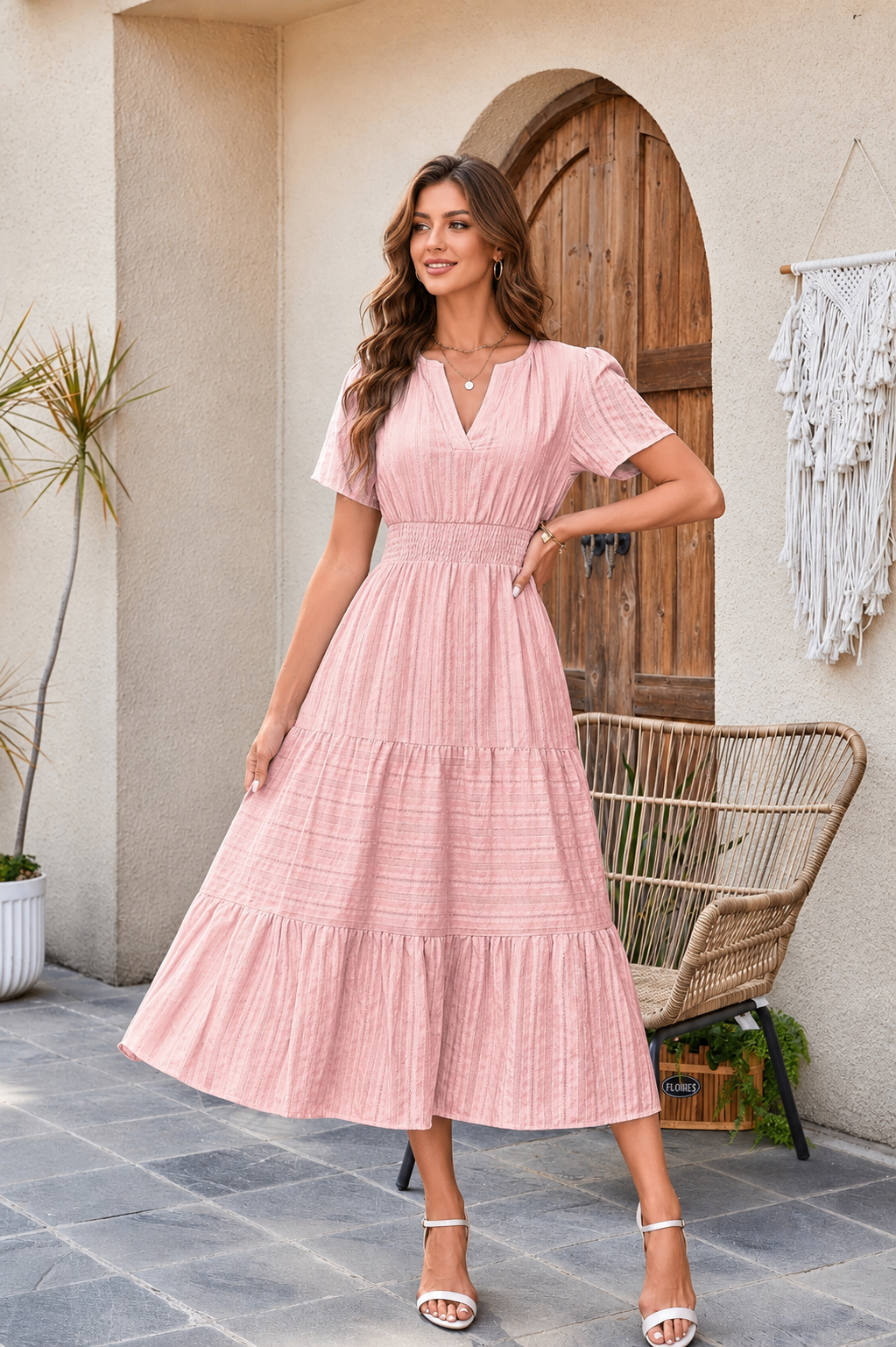 Women's Summer 2026 Casual Maxi Dress Lightweight Short Sleeve V Neck Boho Dress with Pockets
