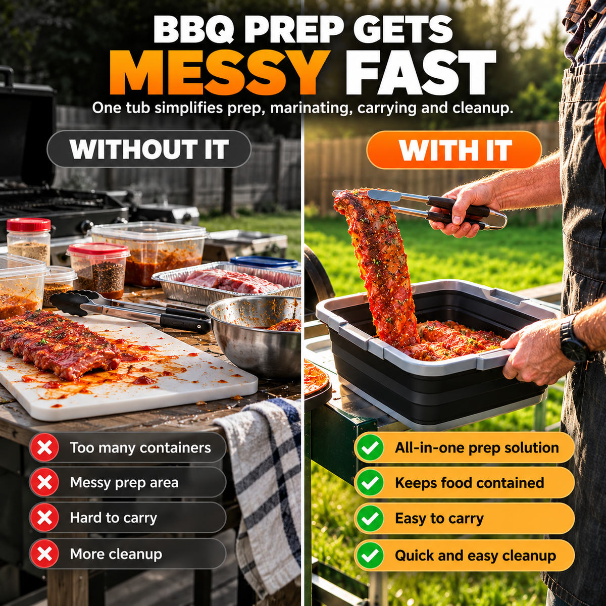 Collapsible 2-in-1 BBQ Prep & Storage Tub