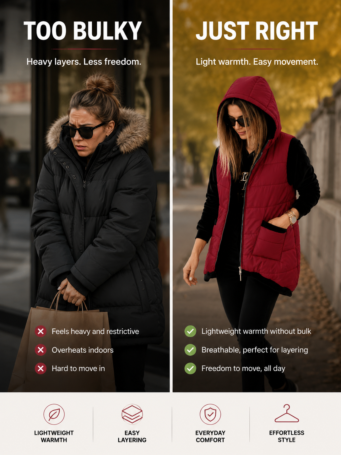 Women's Lightweight Hooded Quilted Vest with Pockets