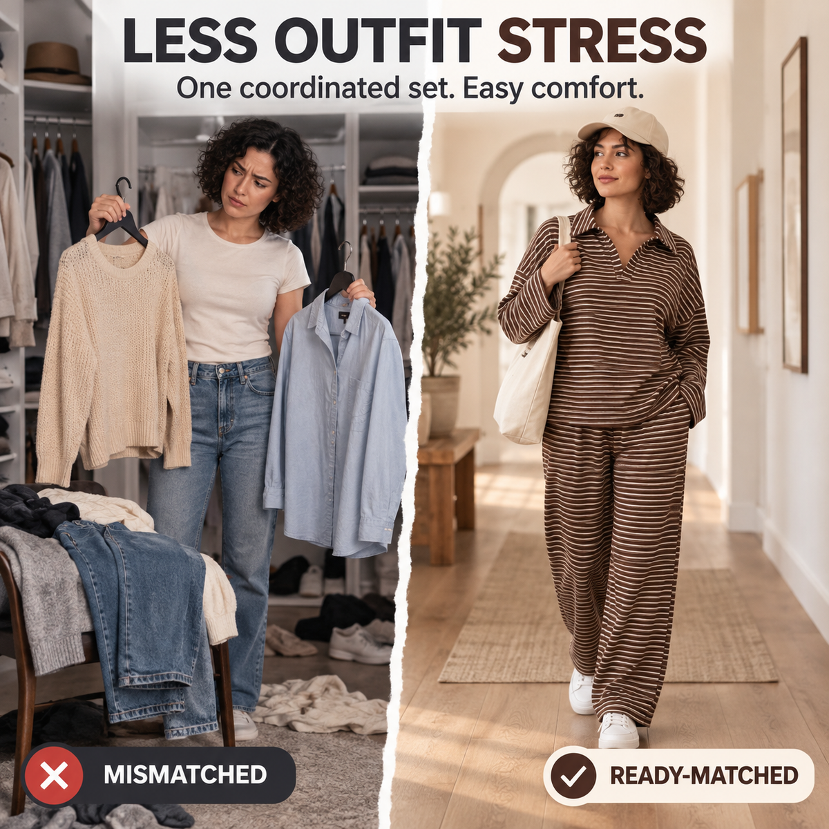 Casual Striped Long Sleeve Wide Leg Pants Lounge Set