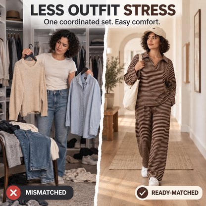 Casual Striped Long Sleeve Wide Leg Pants Lounge Set