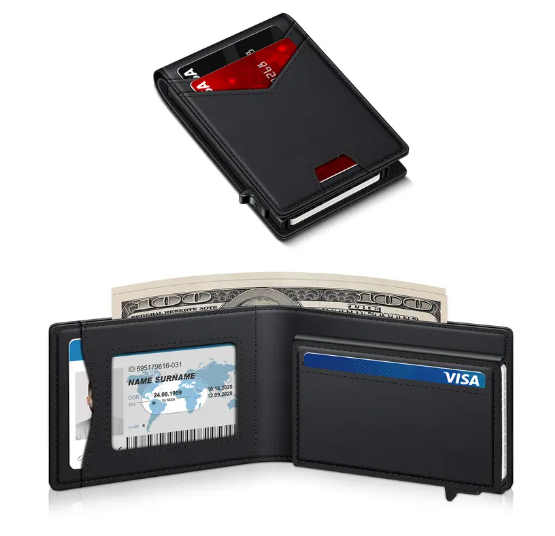 Men's Minimalist RFID Blocking Pop-Up Bifold Wallet with Magnetic Closure