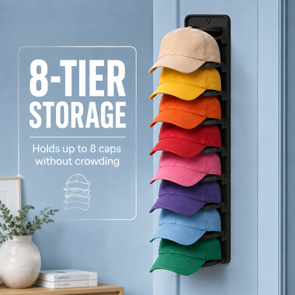 Wall-Mounted Baseball Cap Organizer Rack (8-Tier Single)