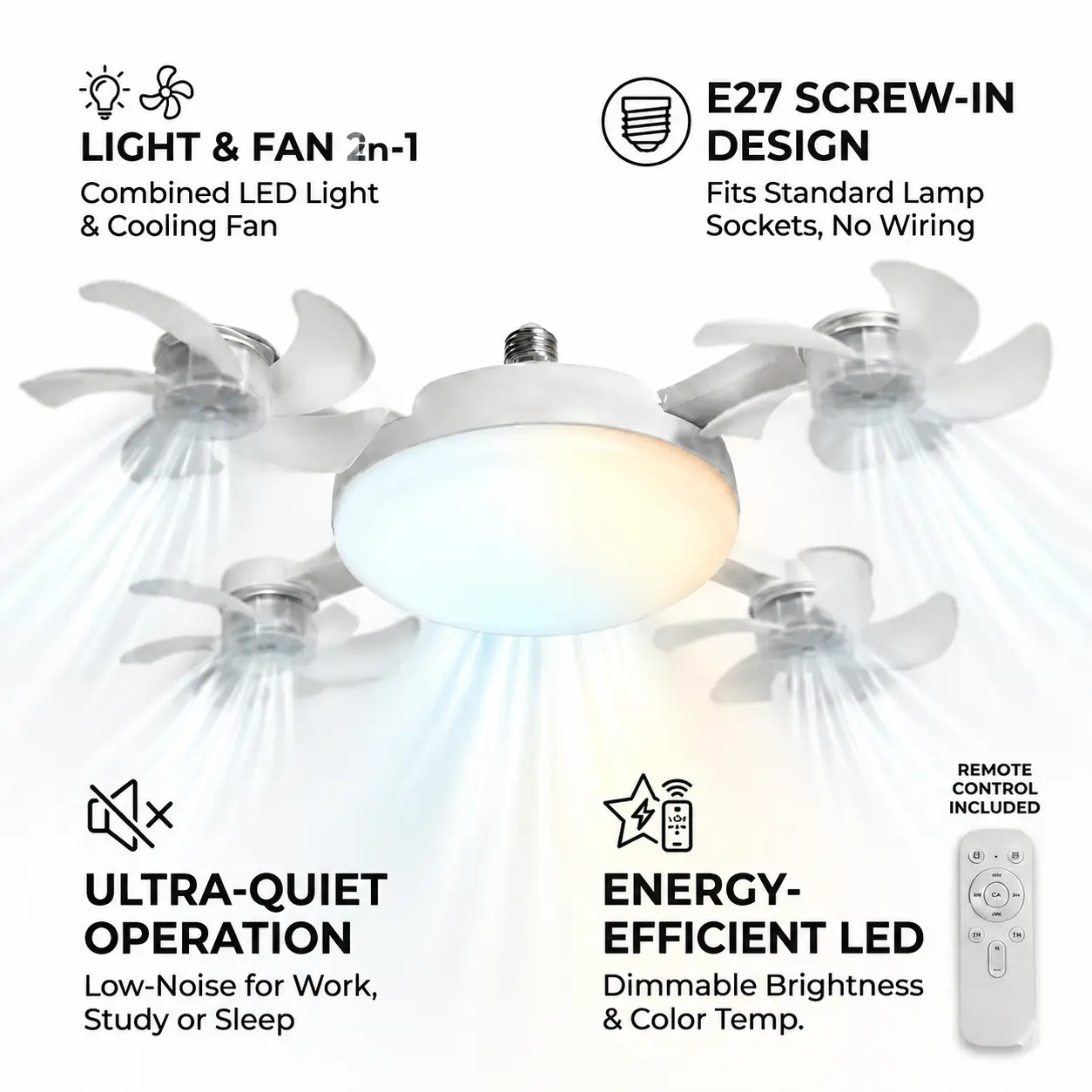 2-in-1 Socket Ceiling Fan with Dimmable LED Light & Remote