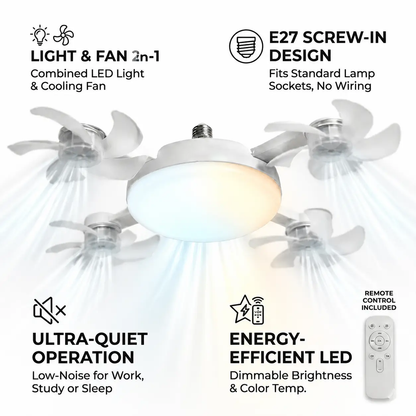 2-in-1 Socket Ceiling Fan with Dimmable LED Light & Remote