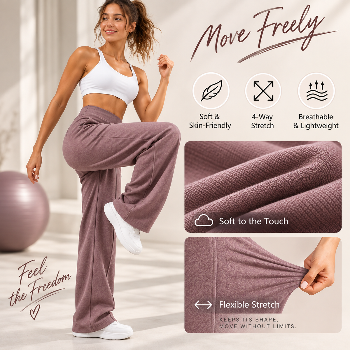 Women’s High-Rise Wide-Leg Comfort Pants with Pockets, Stretch Fit & Front Seams