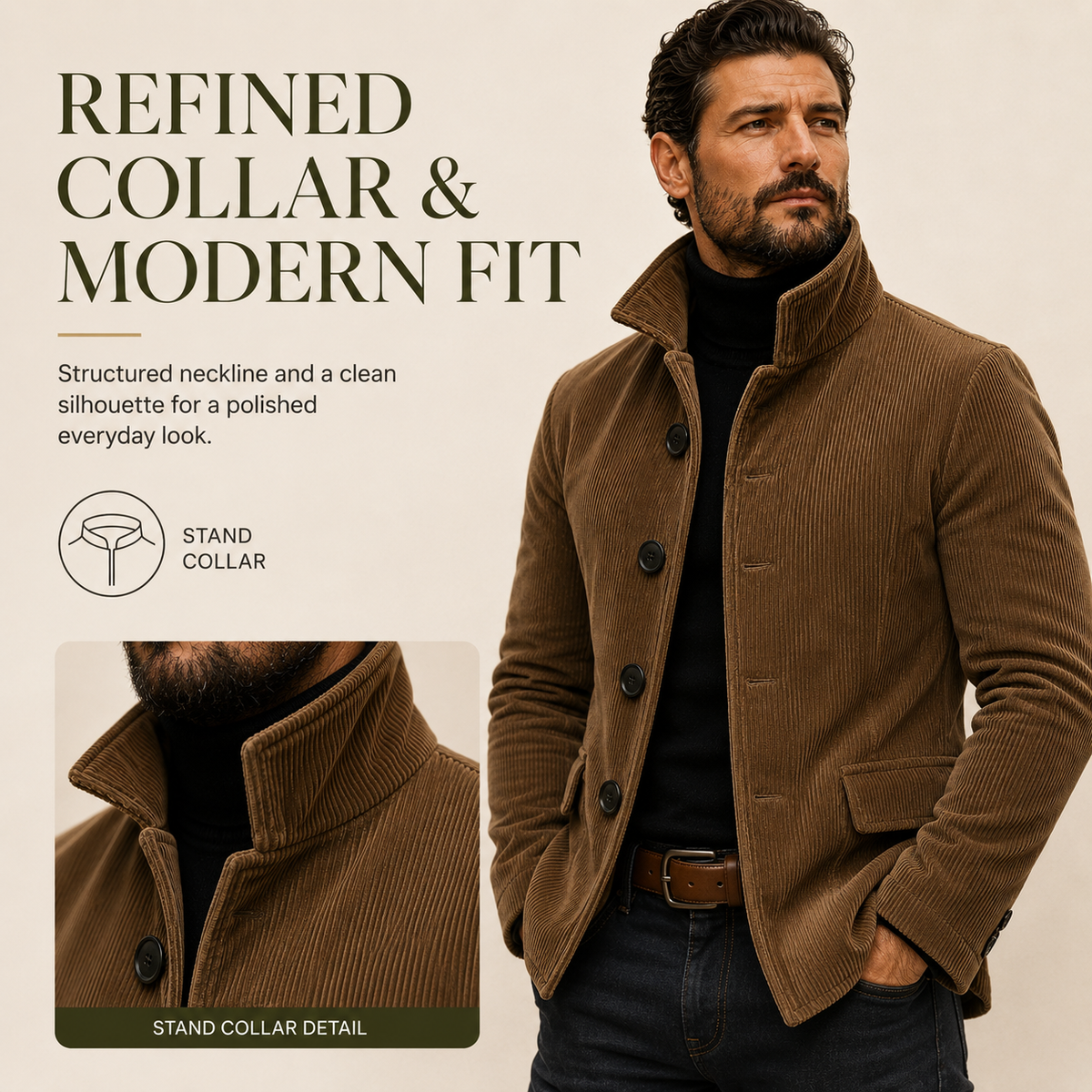 Men’s Corduroy Stand Collar Jacket with Pockets