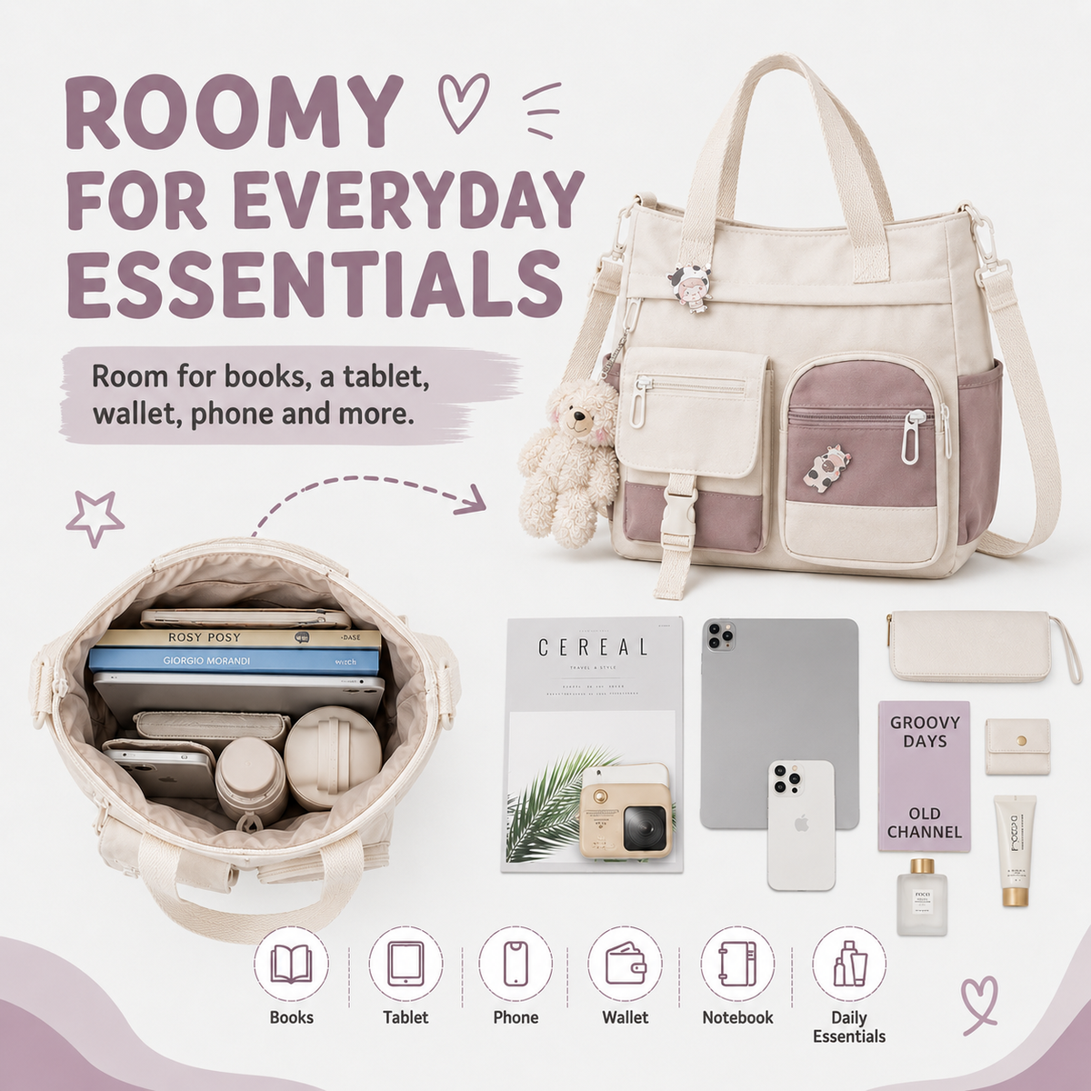 Canvas Multi-Pocket Crossbody Tote Bag | Cute & Lightweight School, Work & Travel Bag 🎒✨