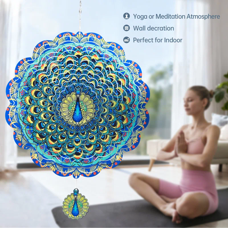 Peacock MANDALA Art Wind Spinner. Spinning Decoration. Metal Wind Spinner.