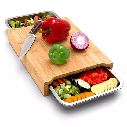 Bamboo Cutting Board with Sliding Stainless Steel Tray – Mess-Free Prep & Serving Board