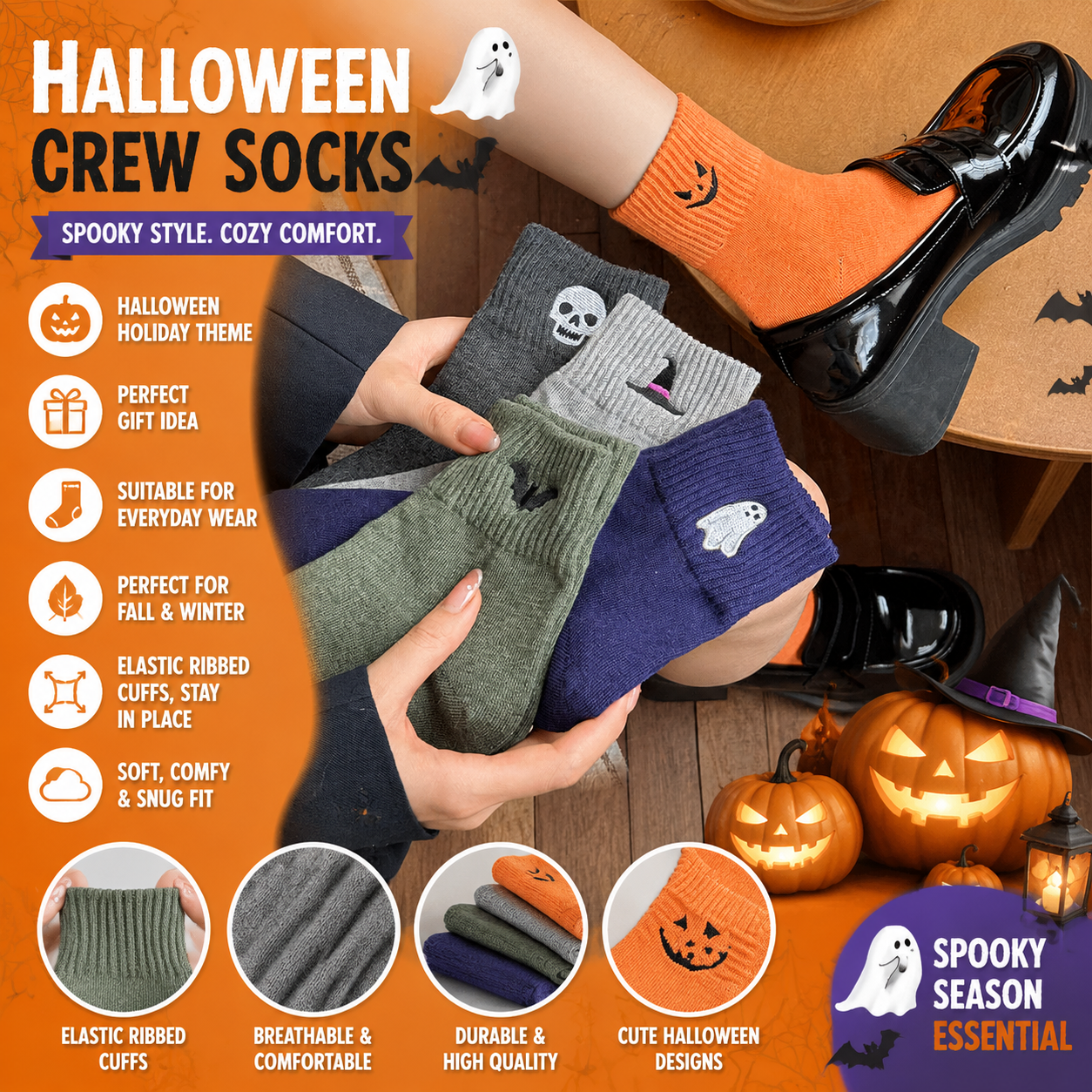 Spooky & Cute Halloween Socks for Women – 5-Pair Cozy Crew Sock Set