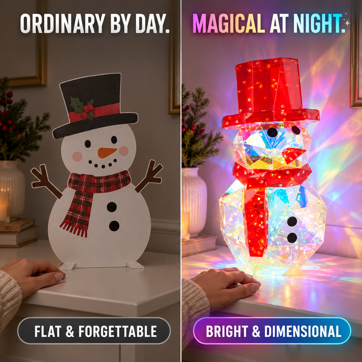 Iridescent LED Christmas Decor – Handcrafted Holiday Tree, Snowman Light Display