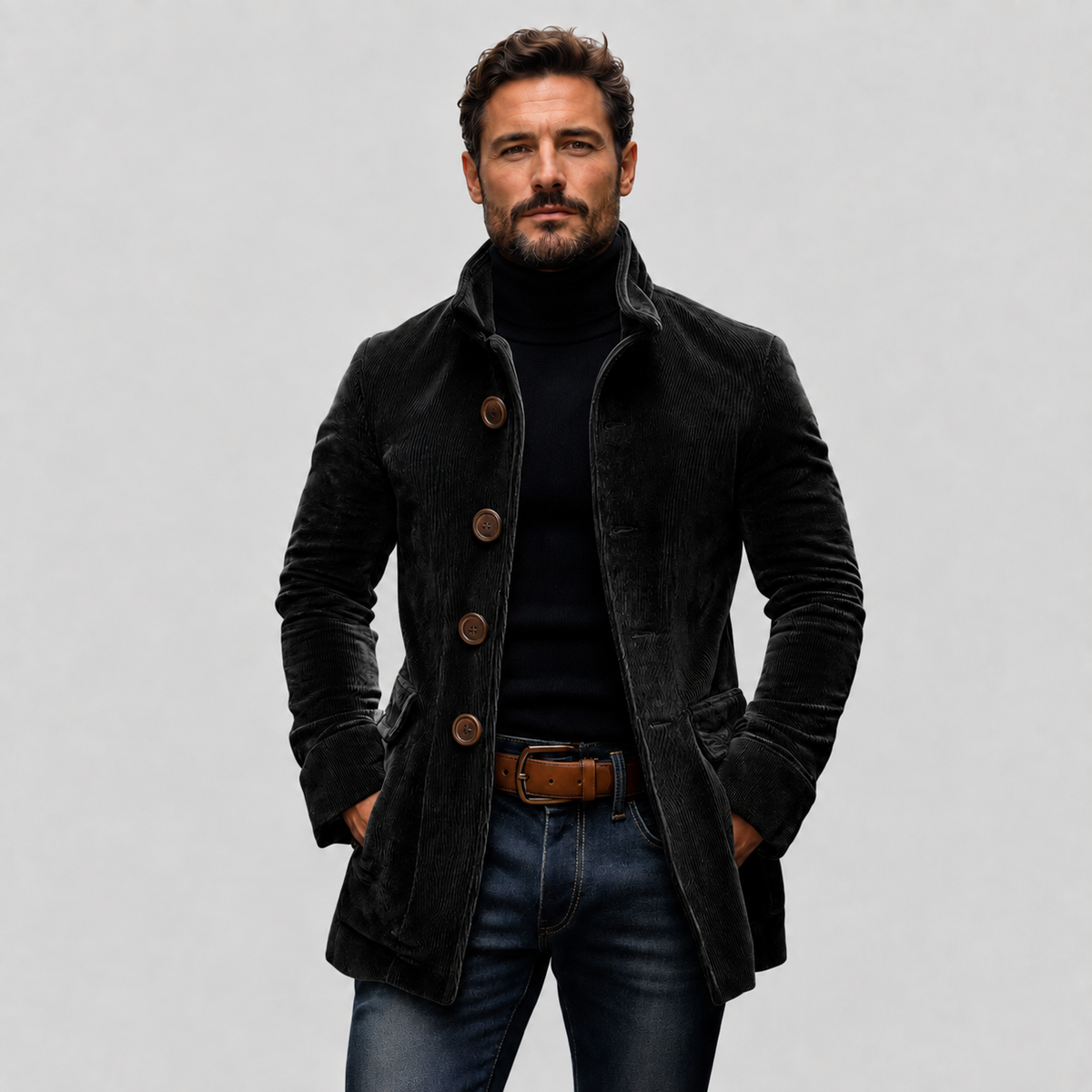 Men’s Corduroy Stand Collar Jacket with Pockets