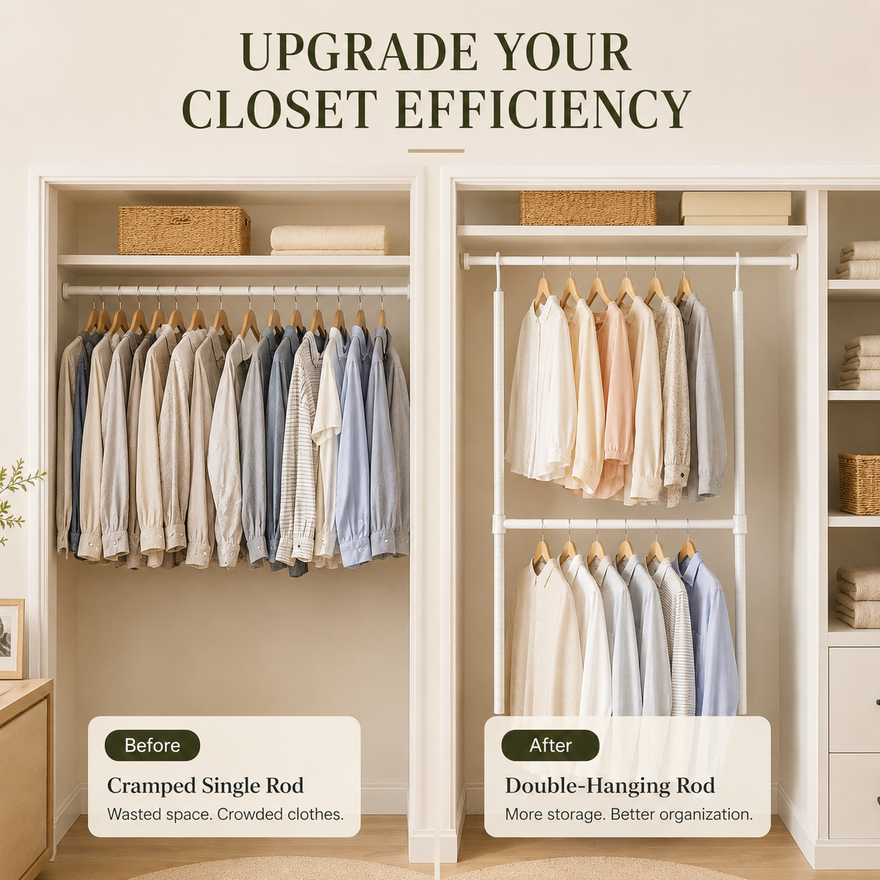 Double Closet Hanging Capacity with Expandable Heavy-Duty Steel Rod
