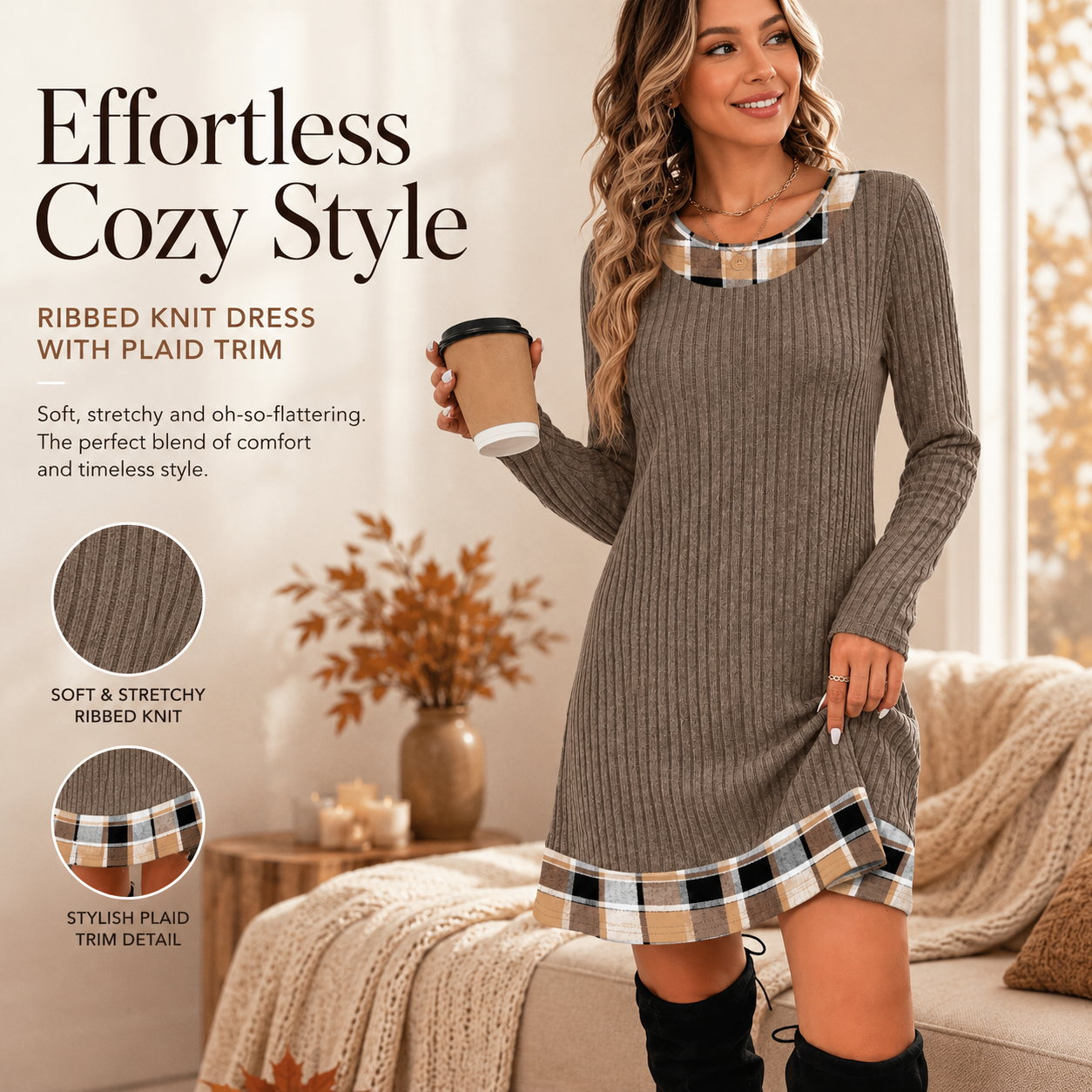 Contrast Plaid Trim Ribbed Knit Sweater Dress | Casual Long Sleeve Fall Mini Dress