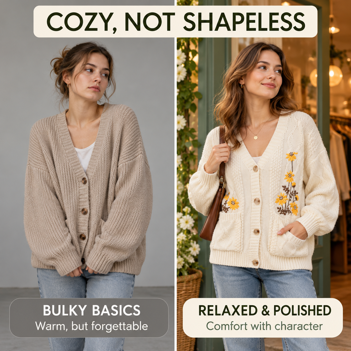 Women's Floral Embroidered Cable Knit Cardigan – Cozy Relaxed Button-Front Sweater with Pockets