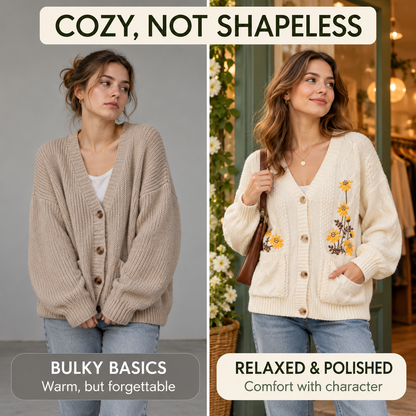 Women's Floral Embroidered Cable Knit Cardigan – Cozy Relaxed Button-Front Sweater with Pockets