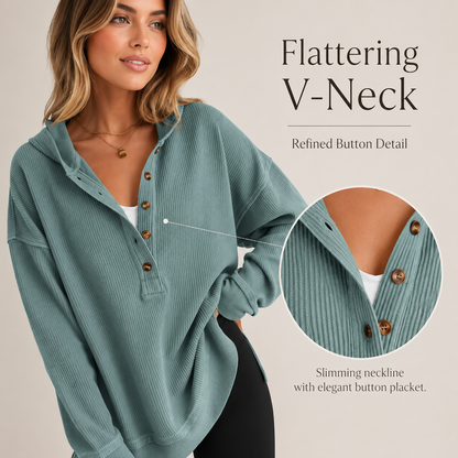 Women's V-Neck Button Lightweight Casual Hoodie