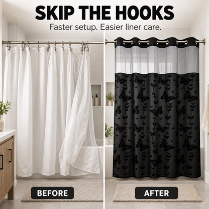 Hookless Double-Layer Shower Curtain with Snap-in Fabric Liner