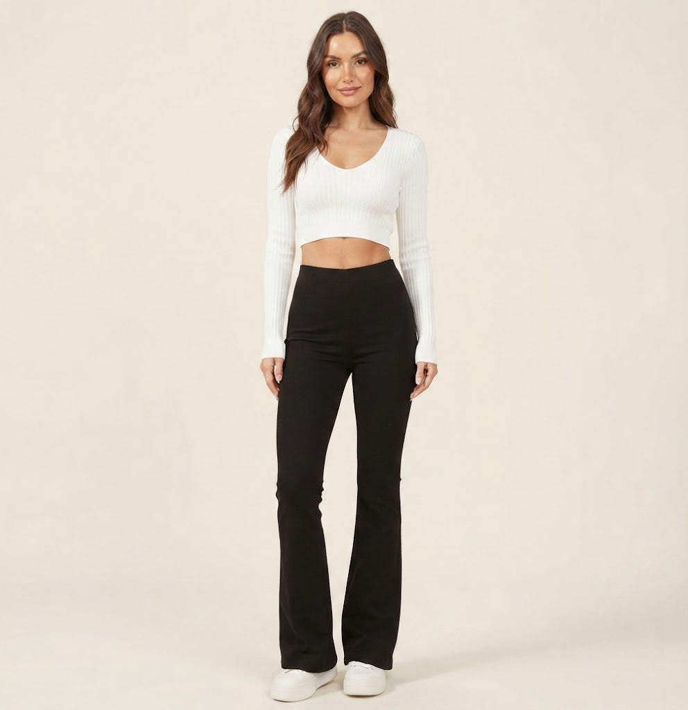 Women's Winter High-Waist Fleece-Lined Flare Pants with Pockets