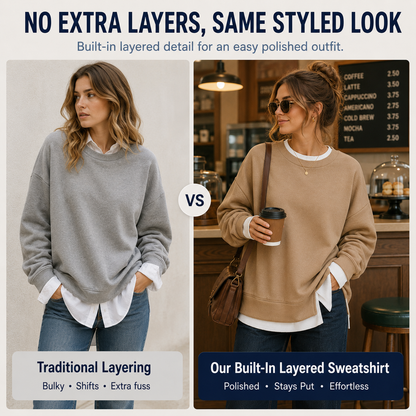 Effortless Casual Style: Women's Relaxed Layered Crewneck Sweatshirt Everyday Top