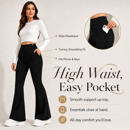 Women's Winter High-Waist Fleece-Lined Flare Pants with Pockets