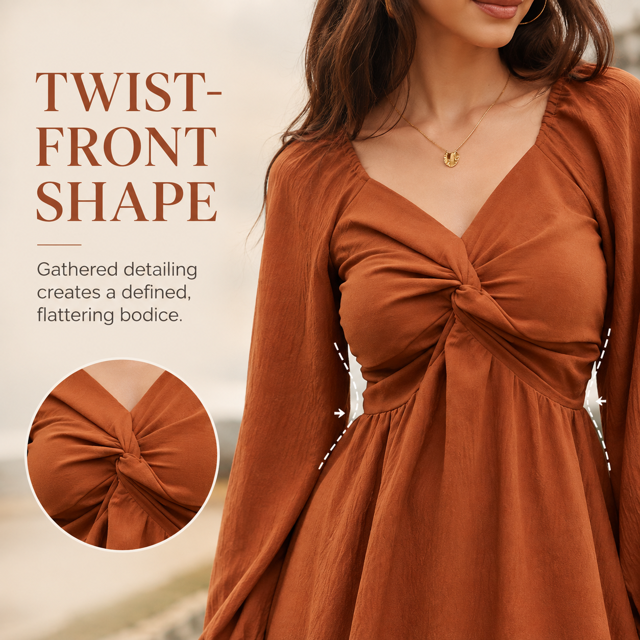 Sweetheart Twist-Front Long Sleeve Mini Dress
