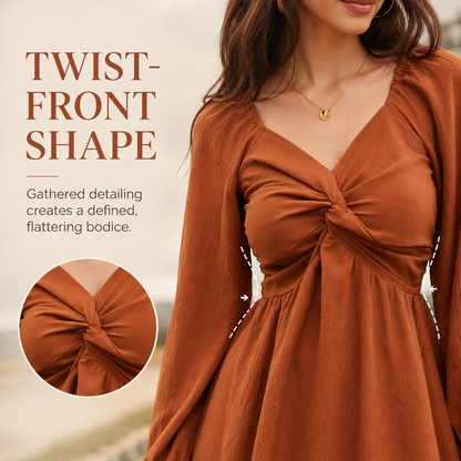 Sweetheart Twist-Front Long Sleeve Mini Dress