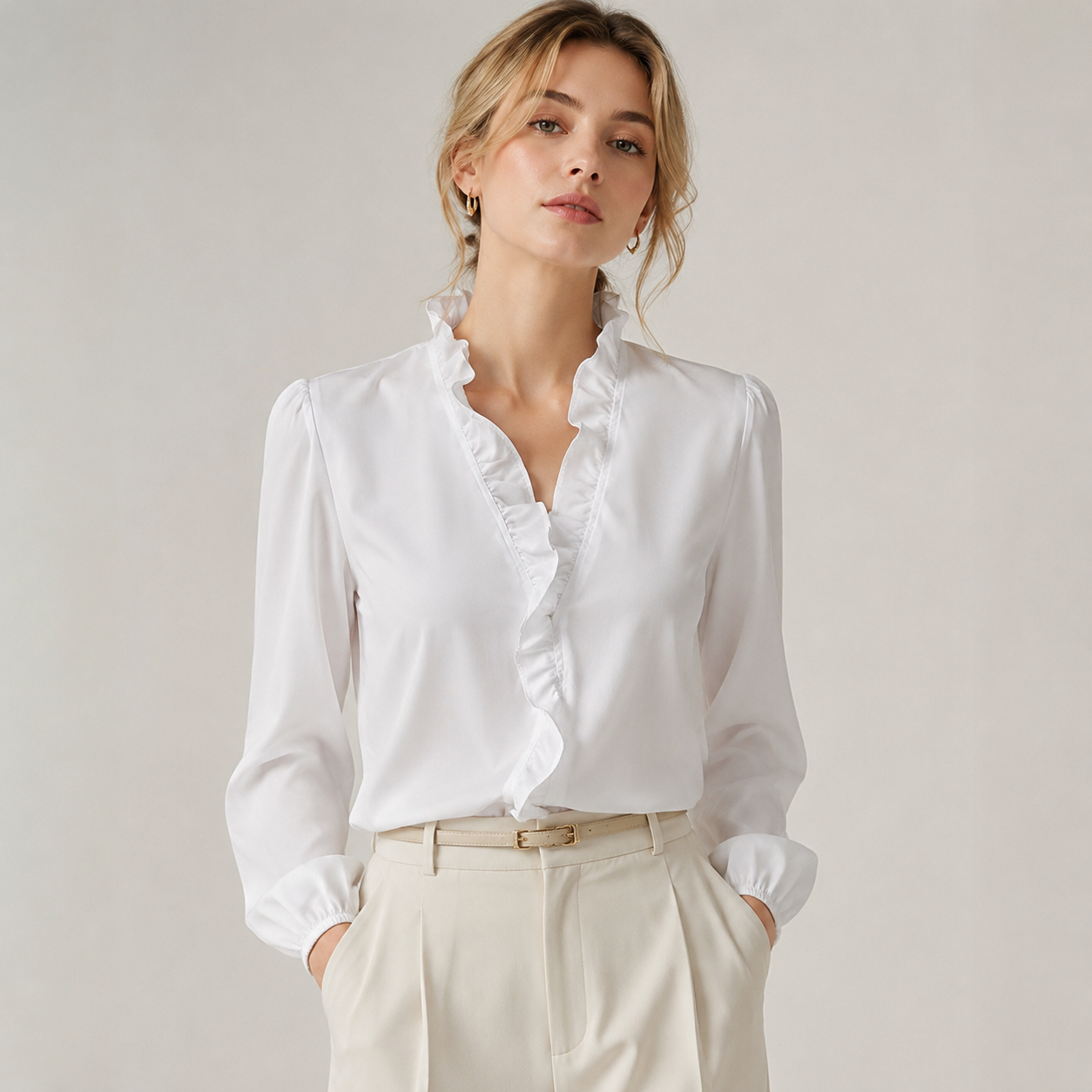 Women’s Ruffled V-Neck Puff Sleeve Blouse – Elegant Everyday Top