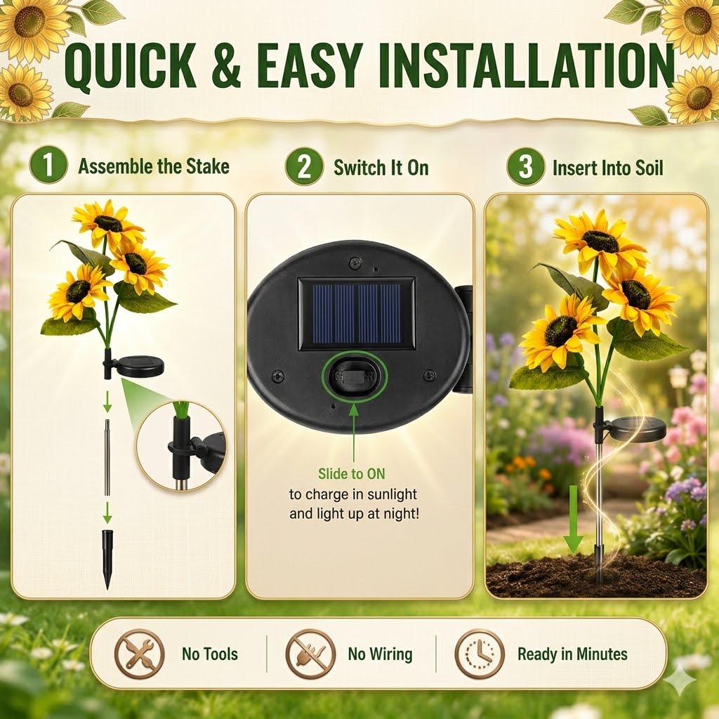 Enchanted Garden 30” Solar Sunflowers - Dual-Mode Light-Up Fiber Optic Yard Stakes