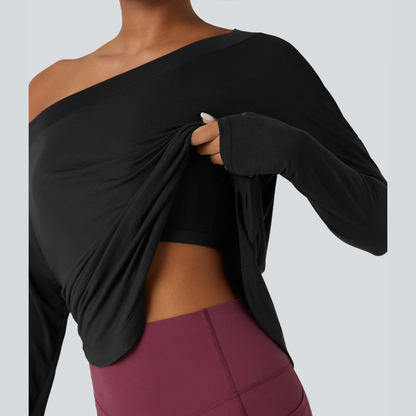 One-shoulder long-sleeved yoga top with integrated bra