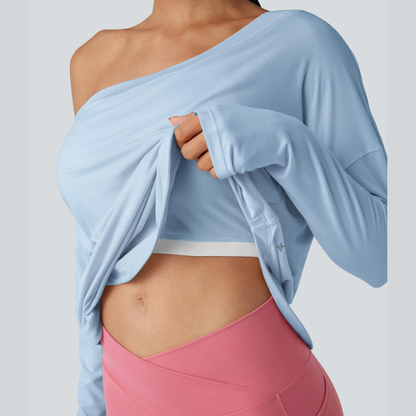 One-shoulder long-sleeved yoga top with integrated bra