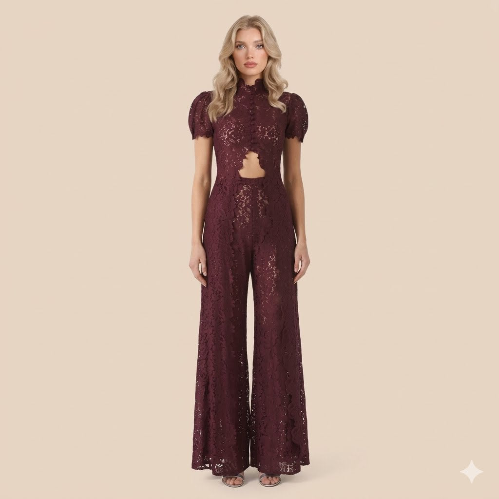 Lace Cutout Round-Neck Split Dress Set