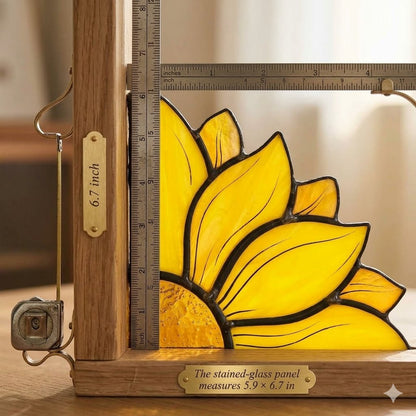 Handcrafted Sunflower Stained Glass Bookend with Premium Oak Base