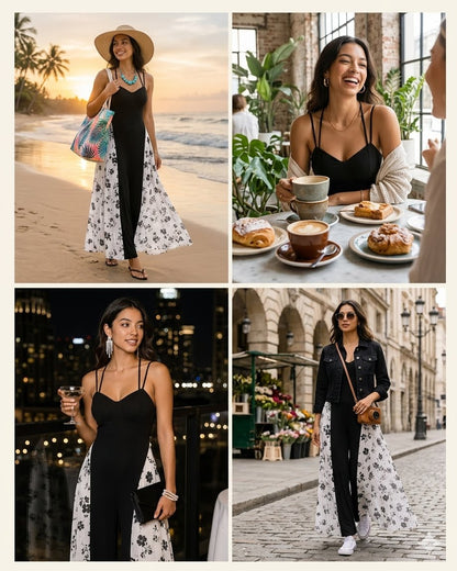 Women’s Viral Black & White Floral Maxi Dress – Elegant Spaghetti Strap Summer Dress