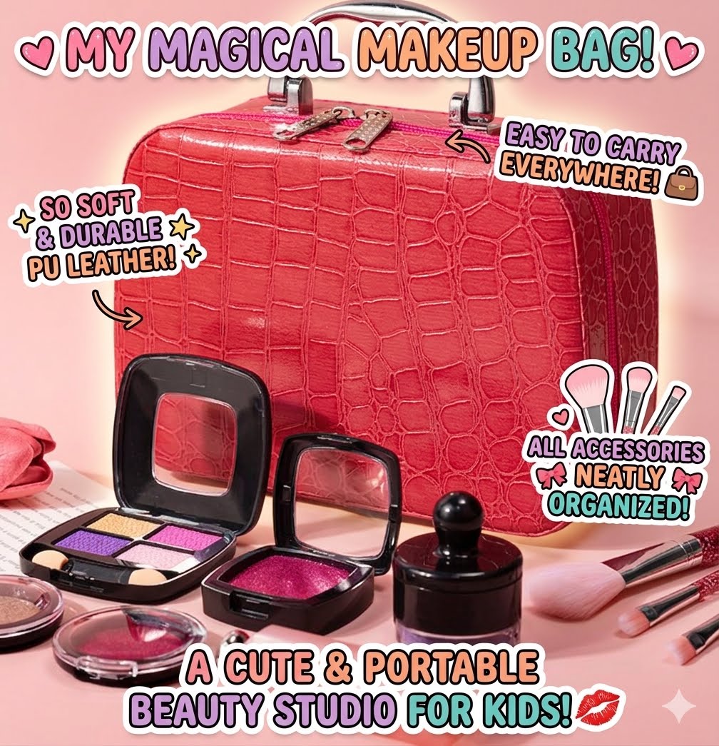 100% Mess-Free Pretend Makeup Set for Toddlers - 21 Pcs Realistic Play Vanity Kit with Soft Brushes & PU Leather Case