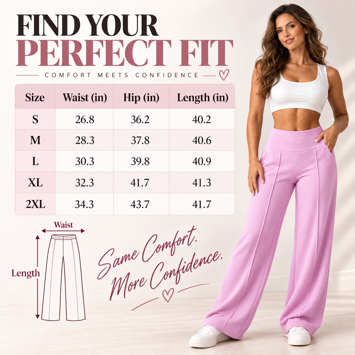 Women’s High-Rise Wide-Leg Comfort Pants with Pockets, Stretch Fit & Front Seams