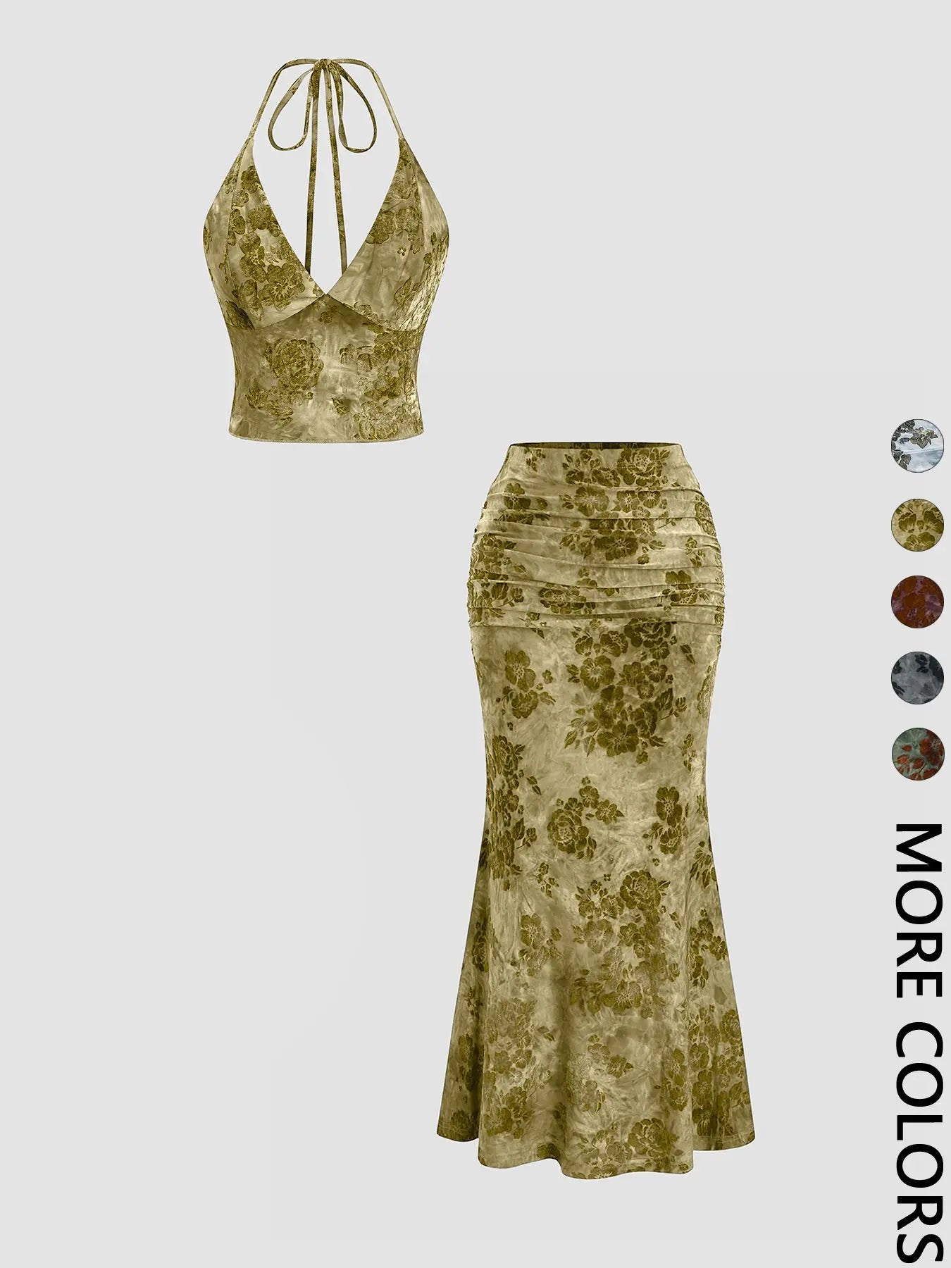 Women's Floral Deep V Neck Crop Top & Fish Tail Skirt Set, All-Over Print Design