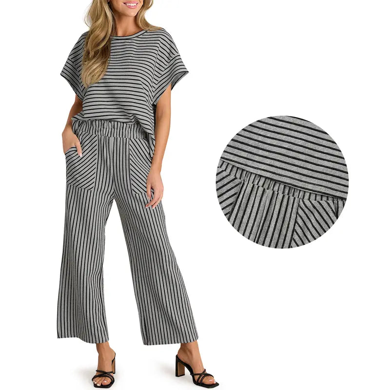 Women's Striped Short-Sleeve T-Shirt &amp; Wide-Leg Pants Set