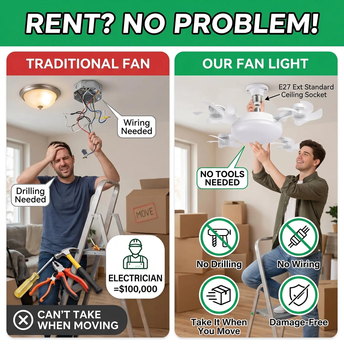 🌀2-in-1 E27 Screw-In Ceiling Fan Light