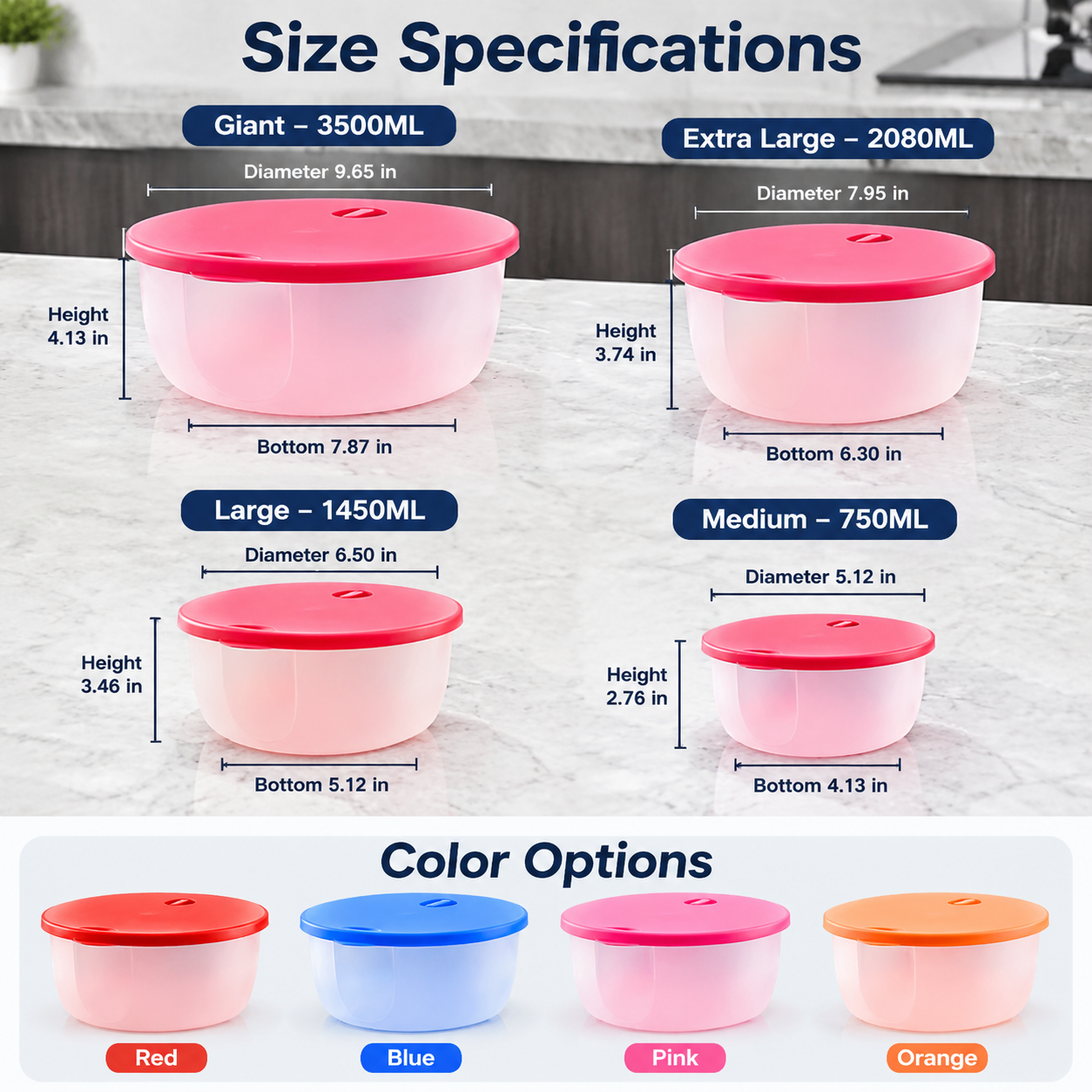 4-Piece Food Storage Containers with Lids – Multi-Size Stackable Kitchen Storage Bowls