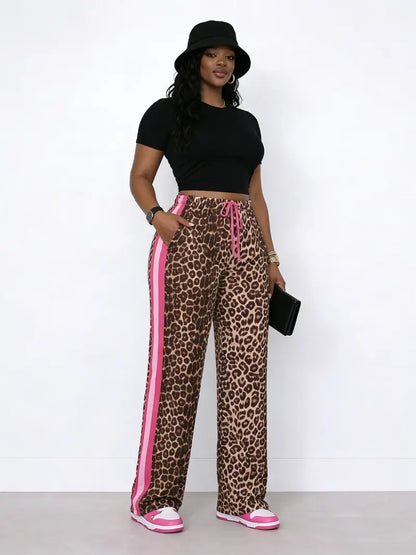 💃Women's Leopard Print Side Stripe Wide Leg Stretchy Casual Pants💃